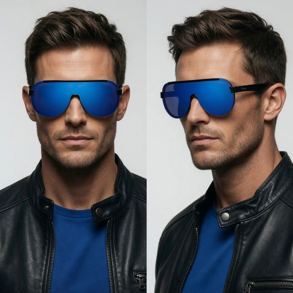 Men Sporty Blue Mirrored Lens Sunglasses Sleek Black Frame Outdoor Activities‎